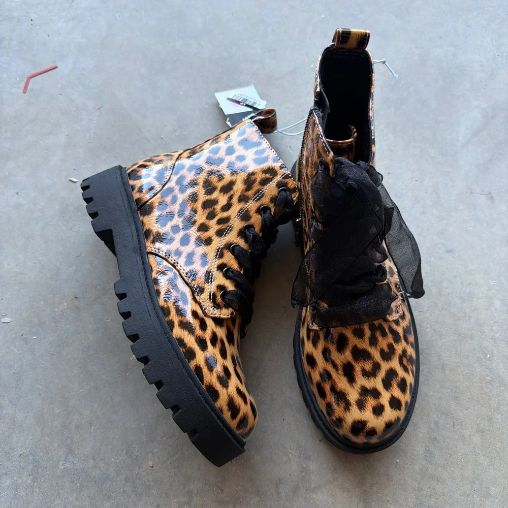 Kids Leopard‎ Print Patent Combat Boots Zip Up Lug Sole Ankle Boots Size 4